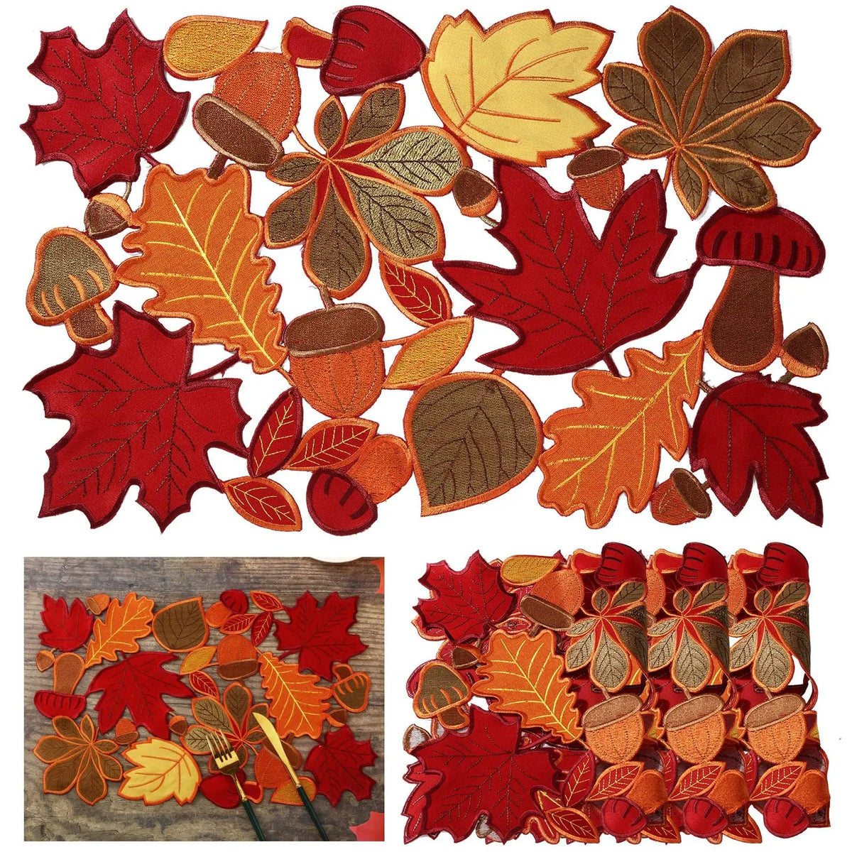 serviettes table automnales feuilles d'érable glands décoratives rouge orange marron jaune