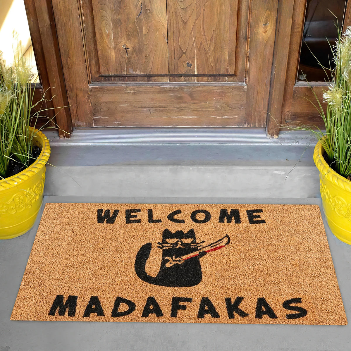 tapis d'entrée humoristique chat épée bienvenue madafafakas antidérapant caoutchouc noir marron clair marron