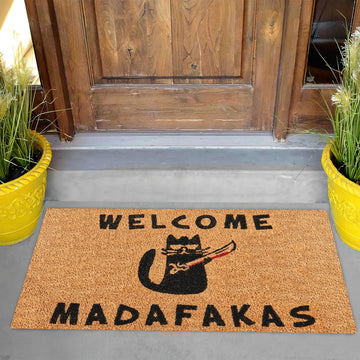 tapis d'entrée humoristique chat épée bienvenue madafafakas antidérapant caoutchouc noir marron clair marron