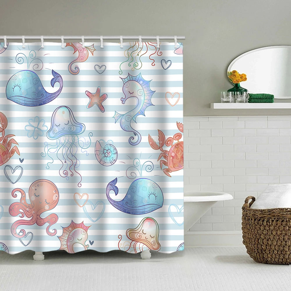 rideau douche motif marine tapis bain couvercle toilette poissons coraux