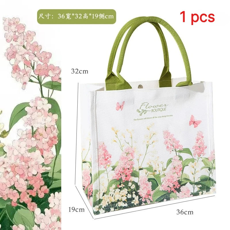 sac main toile fleurs blanc vert rose élégant réutilisable écologique poignées vertes