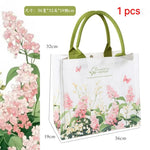 sac main toile fleurs blanc vert rose élégant réutilisable écologique poignées vertes