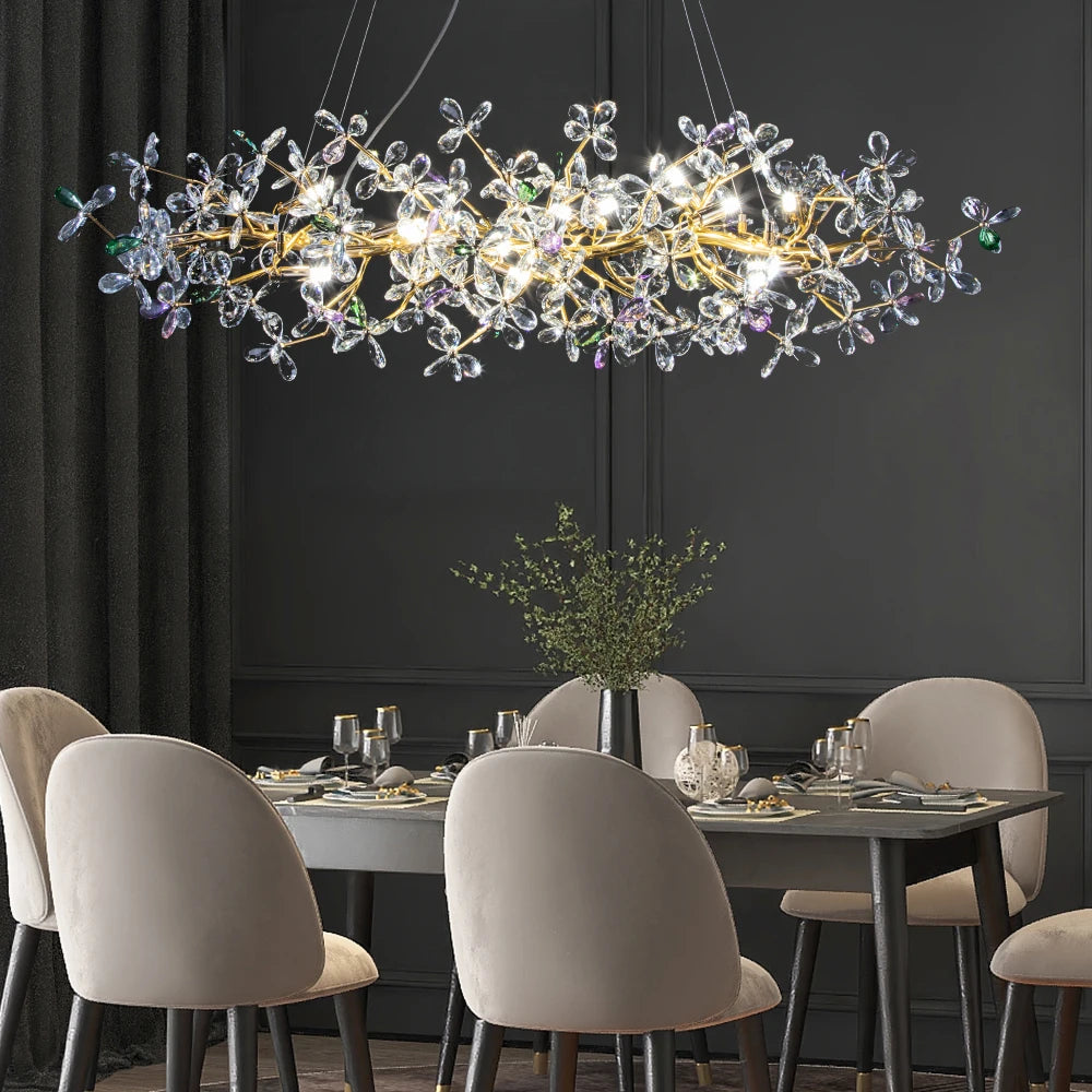 Suspension lumineuse moderne fleurs colorées cristaux transparents doré led salon chambre