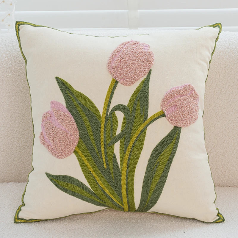 coussins décoratifs fleurs broderie dense blanc rose pâle vert clair élégants amovibles lavables 45x45cm