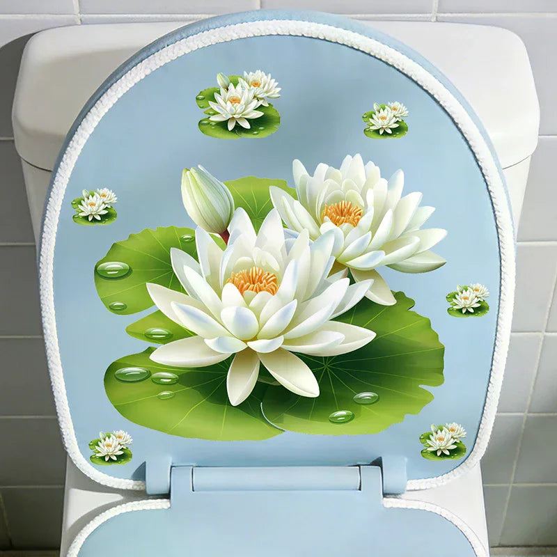 cache siège toilette adhésif fleurs lotus blanc vert bleu jaune réaliste salon salle bain