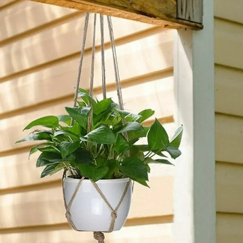 supports suspendus plante macramé tissé boho beige blanc gris anneaux métalliques artisanal fleur jardins