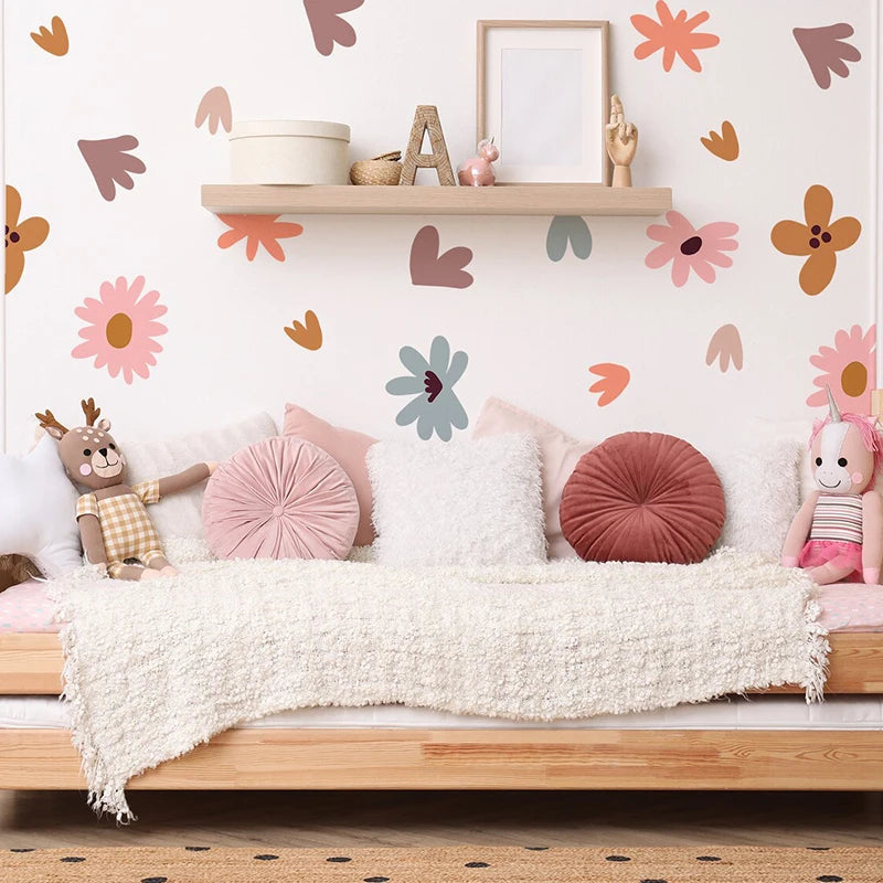 sticker mural géométrique fleurs simple moderne enfants bleu vert orange rose jaune gris blanc