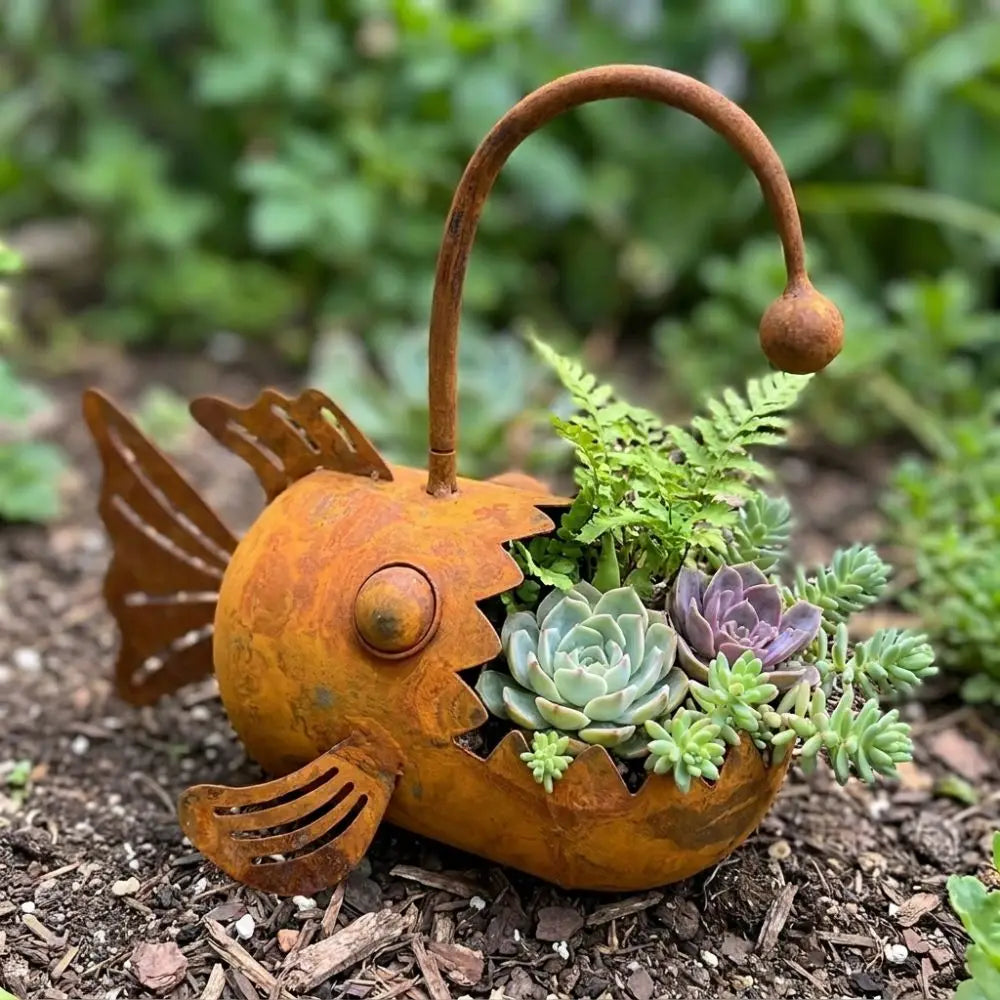 cache plantes forme poisson orange rouille texture écailles artisanal rustique sans fixation plante succulentes
