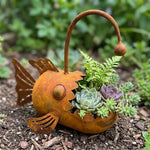 cache plantes forme poisson orange rouille texture écailles artisanal rustique sans fixation plante succulentes