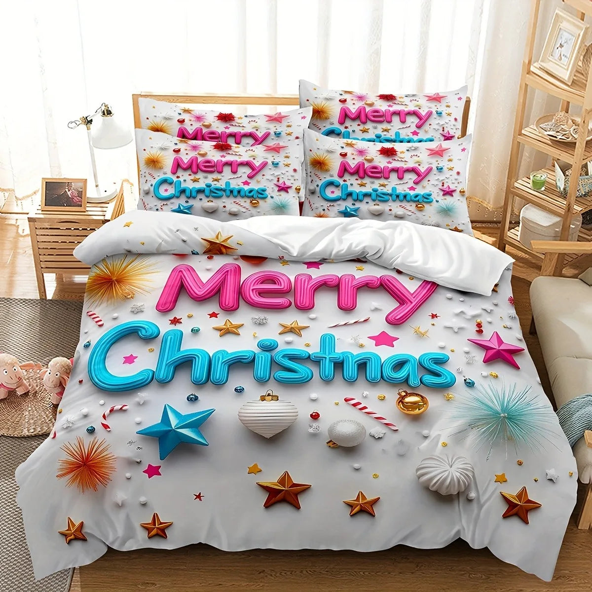 housse couette impression 3d noël étoiles boules sucre flocons merry christmas moderne festive