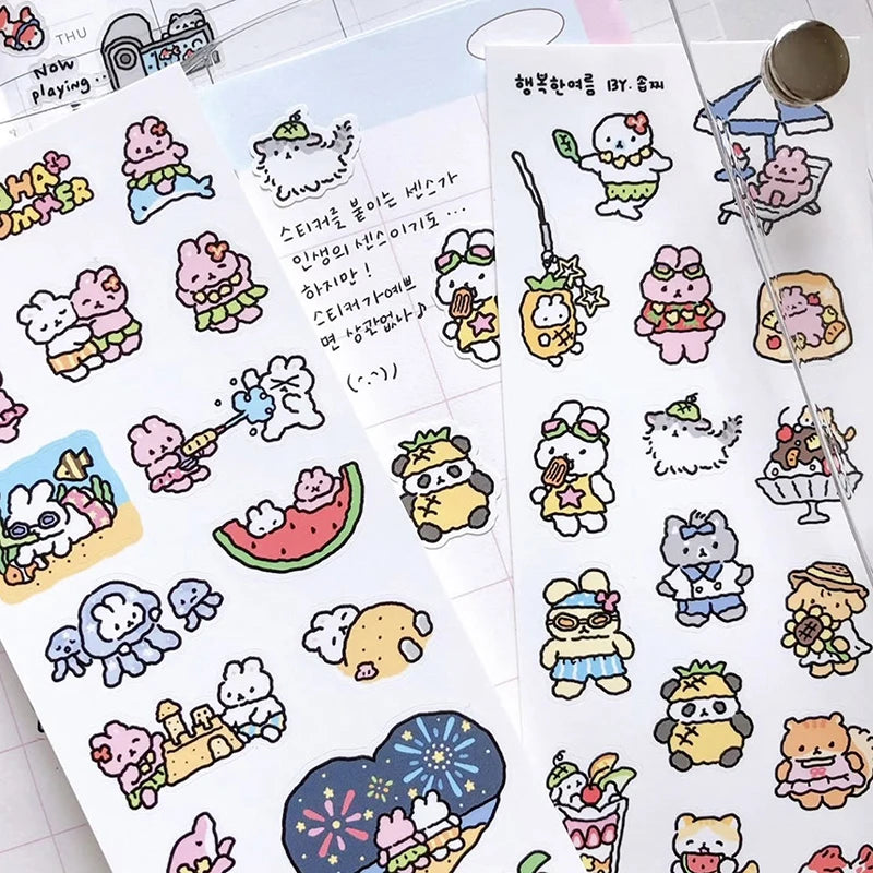 sticker kawaii animal mignon dessin animé rose blanc bleu vert gris noir adhésif personnages