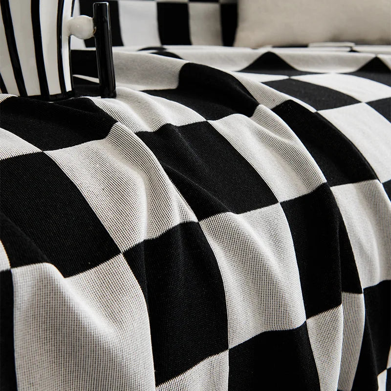 housse canapé moderne carreaux géométriques noir blanc vert olive coton polyester extérieur accueil