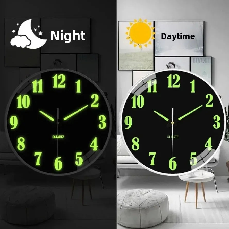horloge murale moderne chiffres vert fluorescent fond noir blanc