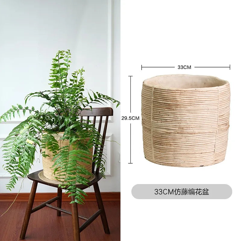 Pot plante tissé marron clair moderne rustique plante verte graines noires serviette blanche