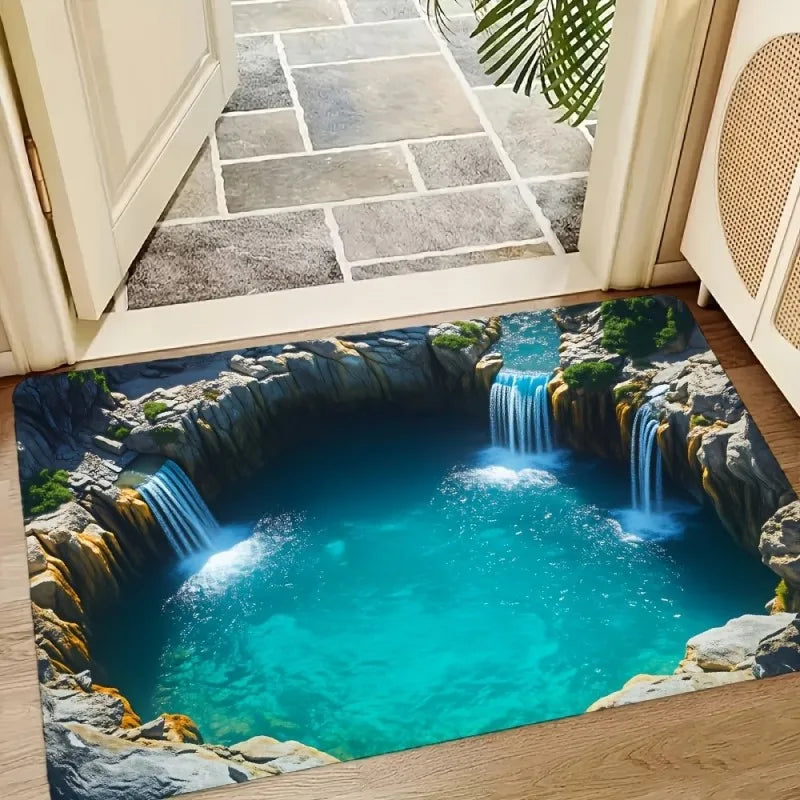 tapis décoratif moderne paysage cascade végétation bleu gris vert noir