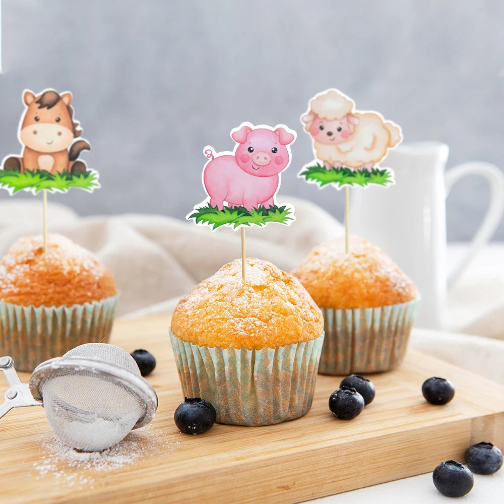 décoration anniversaire cupcake picks animaux dessin animé mouton cochon poulet tracteur illustration festive enfants