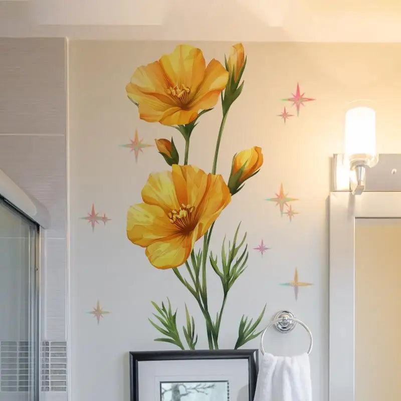 autocollants muraux fleurs tournesol aquarelle jaune vert blanc decoration chambre enfant salon PVC adhésif