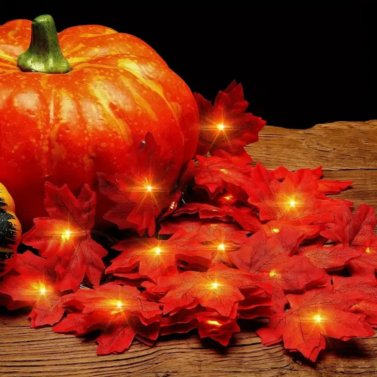 guirlande lumineuse feuilles érable rouges orange automne halloween 20 30 40 led batterie sèche