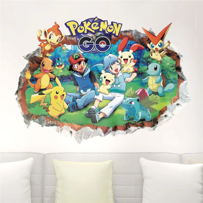 sticker mural 3d pokemon pikachu personnages animés arrière plan naturel adhésif