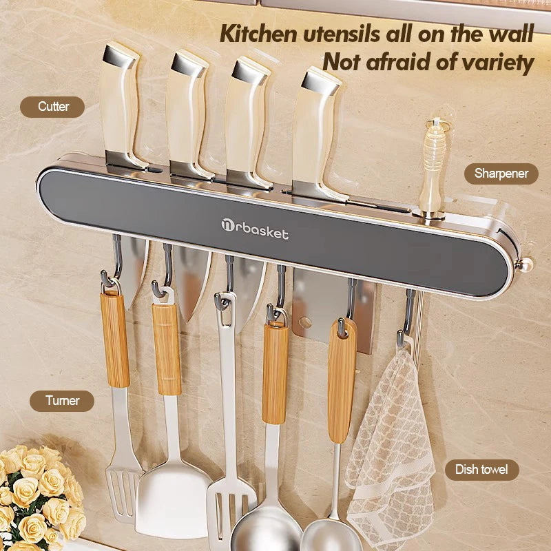 porte couteaux mural adhésif gris métallique couteaux cuillère fourchette serviette racleur éponge brosse dents