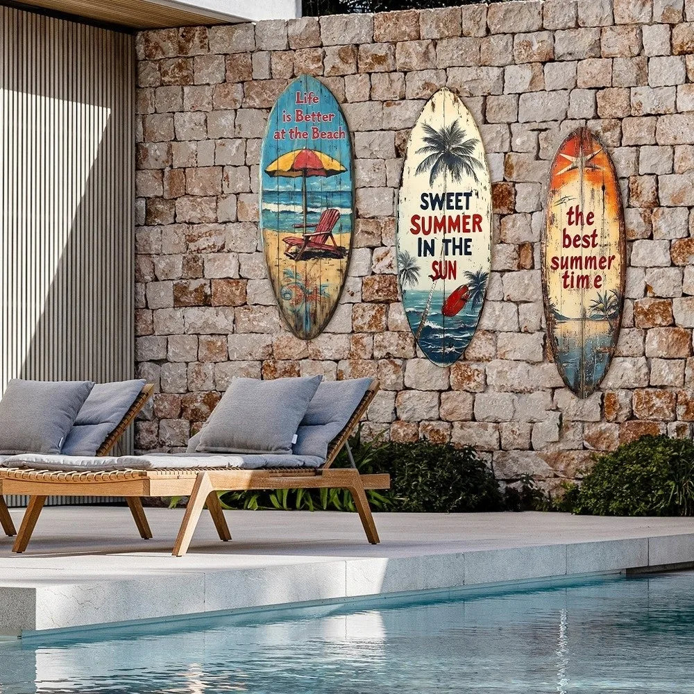 décoration murale planche surf couleur plage motif vieilli bois parasol chaise longue palmier sóng
