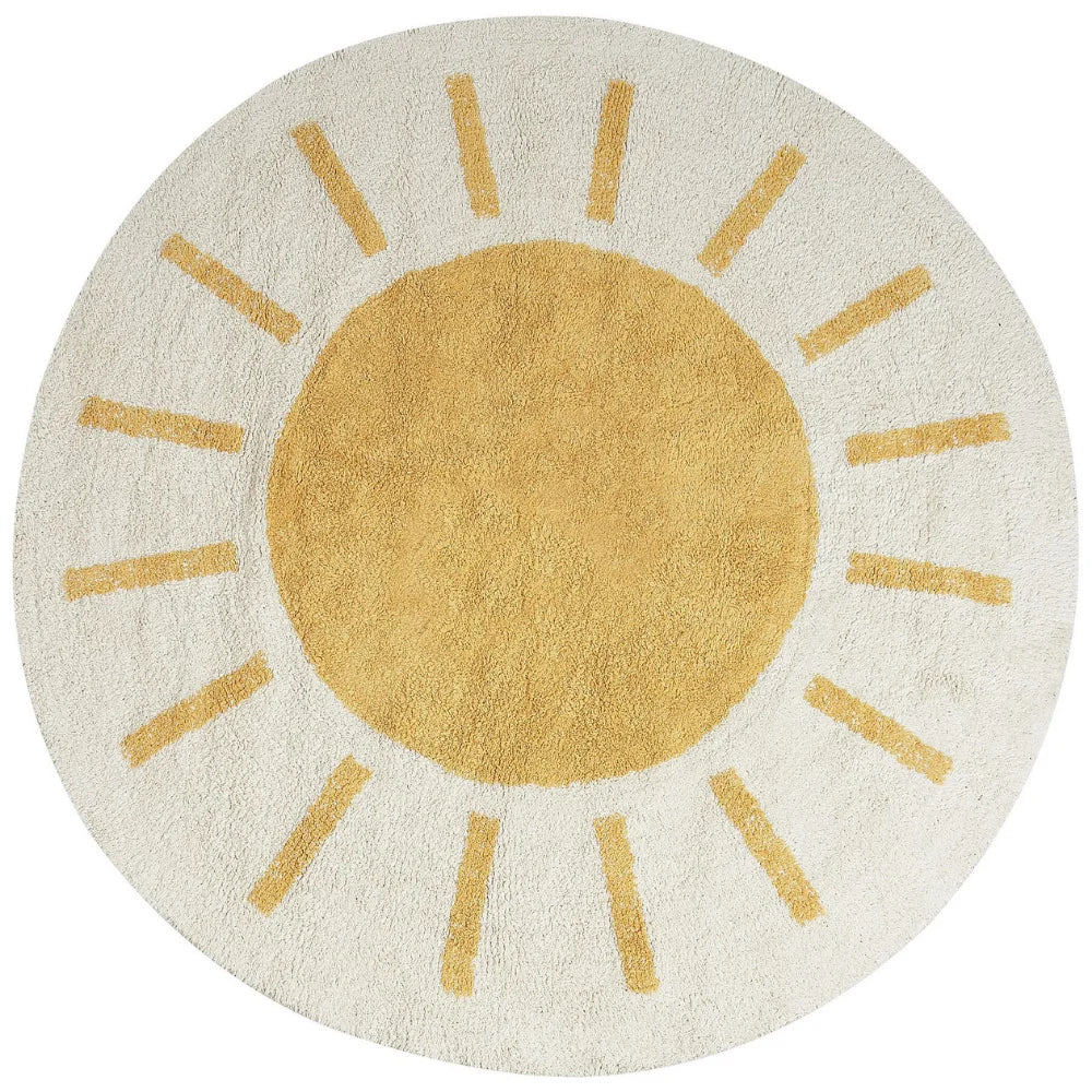 tapis rond doux soleil stylisé moderne blanc jaune enfants salon chambre bain toiletteextérieur