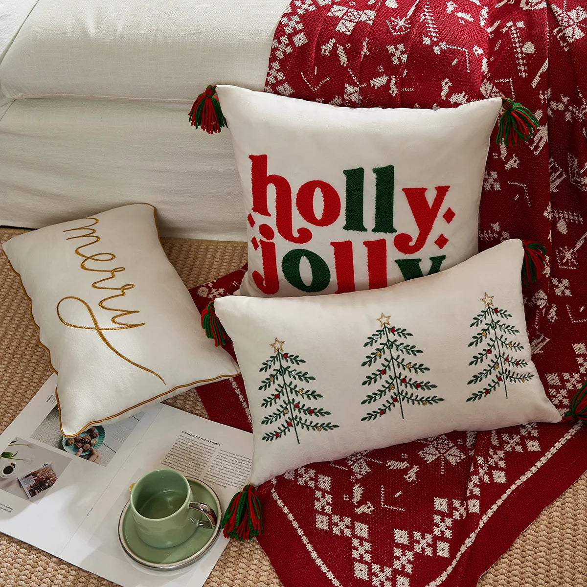 housse coussin brodée lettres noël velours polyester 30x50cm festive decoration voiture