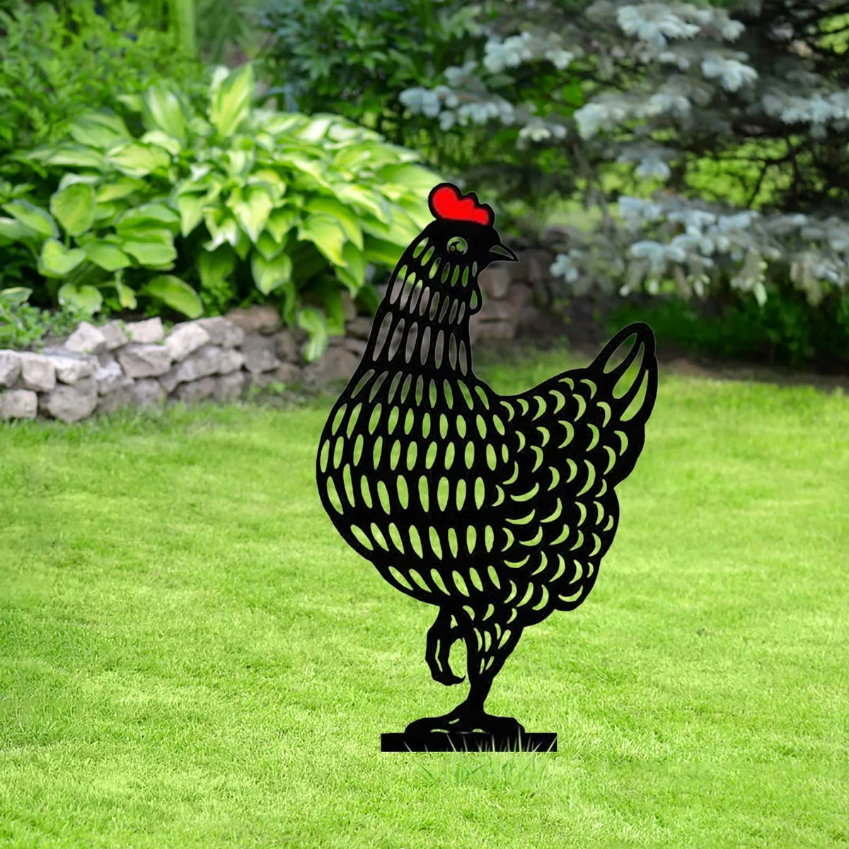 ornement jardin sculpture poule noire points blancs artisanal piquet métallique extérieur décoration