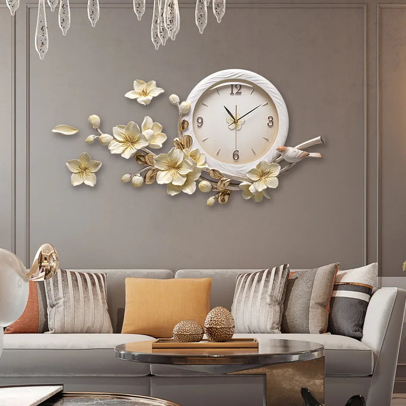 horloge murale moderne fleurs dorées blanches peinte main nordique opacité aluminium cuivre fixation