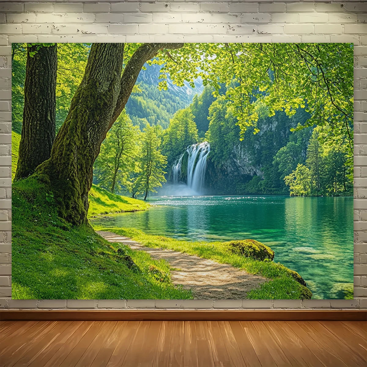 toile d'art paysage naturel cascade forêt vert printemps anniversaire mariage décoration événement opaque réaliste