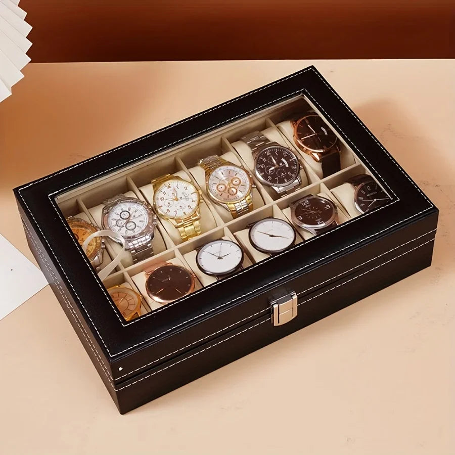 boîte montres 12 compartiments cuir simili noir tissu beige verre transparent classique cordon serrure