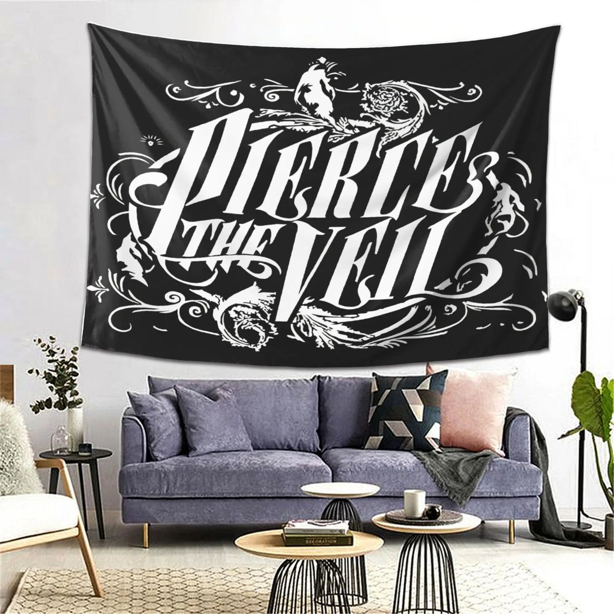 tapisserie moderne graphique noir blanc lettrage stylisé décoration maison audacieux 150x200cm 180x280cm
