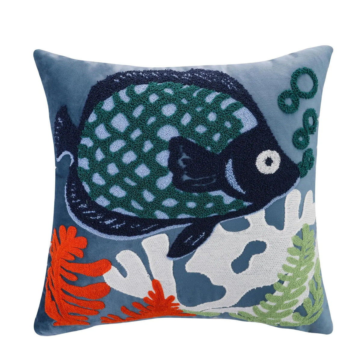 housse coussin brodée motif marin hippocampes coraux blanc océan 45x45cm polyester zipper