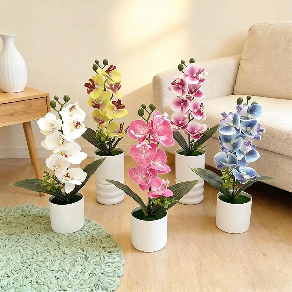 décoration intérieure orchidées artificielles fleurs blanches roses bleues jaunes modernes maison