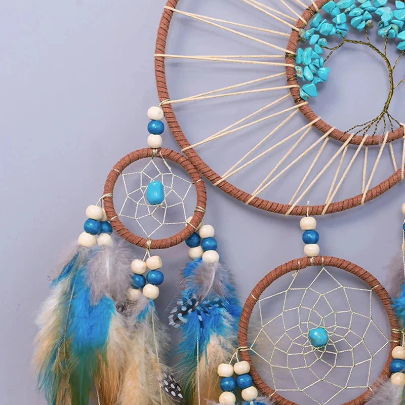 attrape rêves ethnique boho chic plumes fil suspension murale décoration bois marron bleu beige