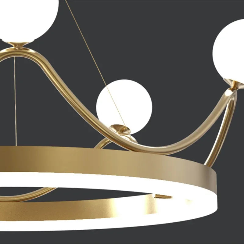 lampe suspendue moderne or blanc boules verre anneau central lumineux chaînes fixations