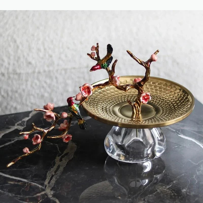 support bijoux transparent or rose oiseaux fleurs texture dorée artisanal naturel