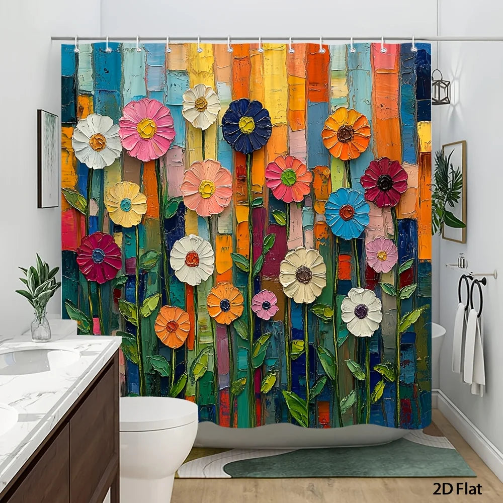 rideau douche moderne floral multicolore métalliques texturé fleurs stylisées 180x180cm opaque