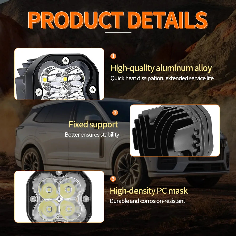 lampe led phare antibrouillard jaune blanc noir moderne robuste tout terrain ip68 12v 24v