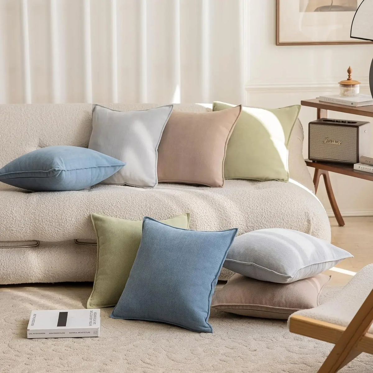 housses coussins chenille 45x45cm beige vert bleu gris texturées moderne opaques fixation invisible