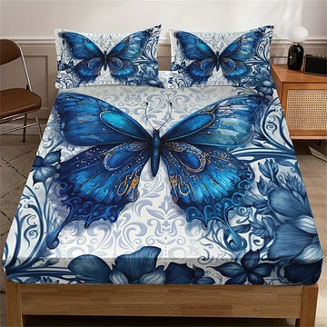 drap lit bleu papillons fleurs moderne coton polyester 150x200cm 180x200cm 200x220cm taies oreiller