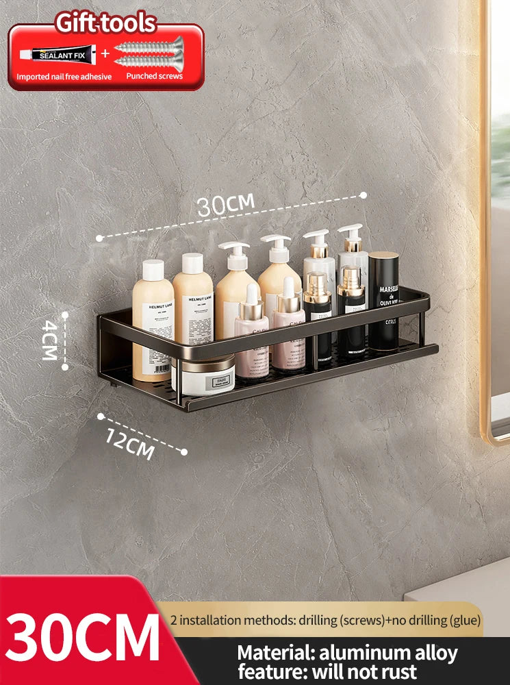 étagère murale salle bain aluminium gris perforé crochets produits cosmétiques moderne