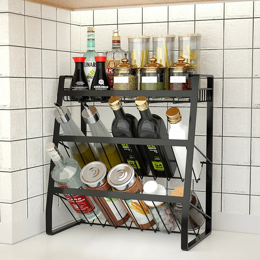 étagère épices noire moderne niveaux cuisine organisation bacs métalliques inclinées pratique rangement assaisonnements bouteilles