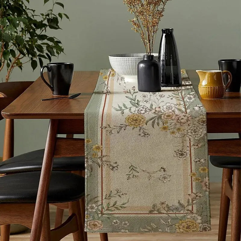 chemin table mandala floral lin rustique vintage 200cm longueur beige blanc cassé