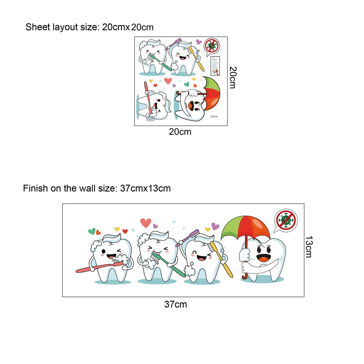 autocollant mural cartoon dents brosse dents cœurs interdit virus enfantin