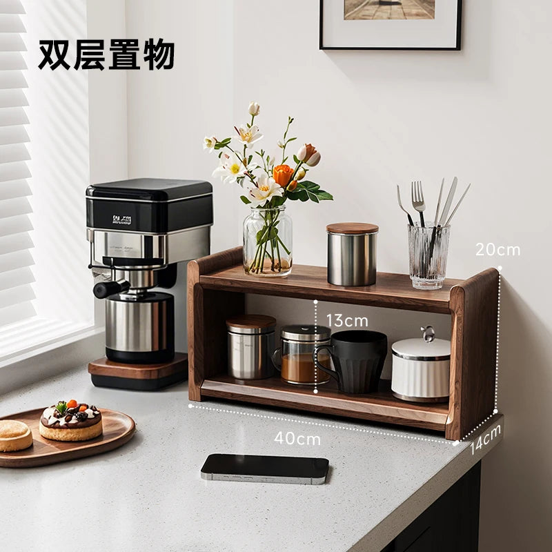 étagère moderne deux niveaux bois foncé texture naturelle horloge diffuseur nintendo switch tasses livres