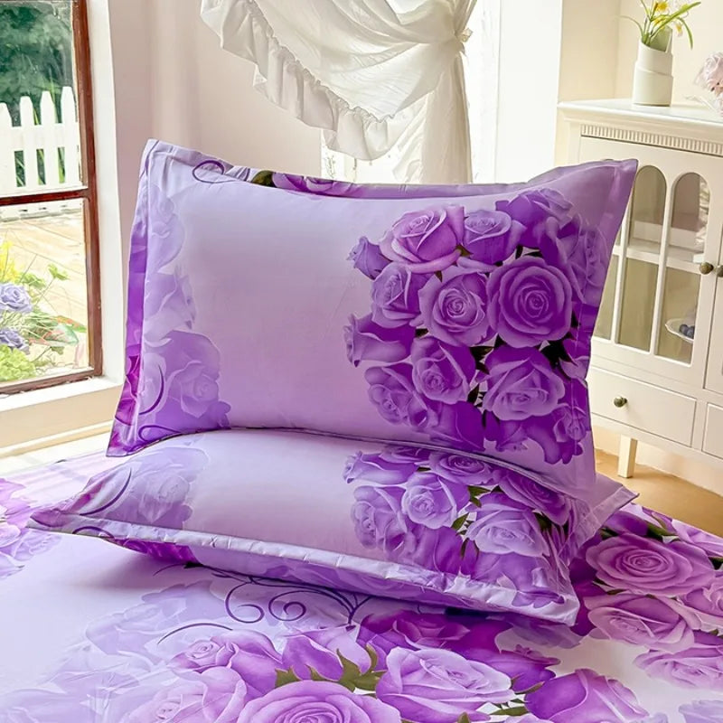drap lit moderne violet blanc motifs roses floral taille 120x200 150x200 180x200 200x220 90x200