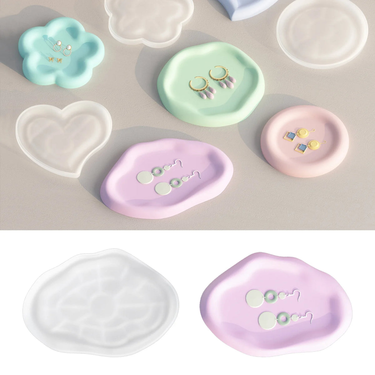 assiettes bijoux silicone géométriques modernes vert pastel blanc rose bleu pastel minimalistes