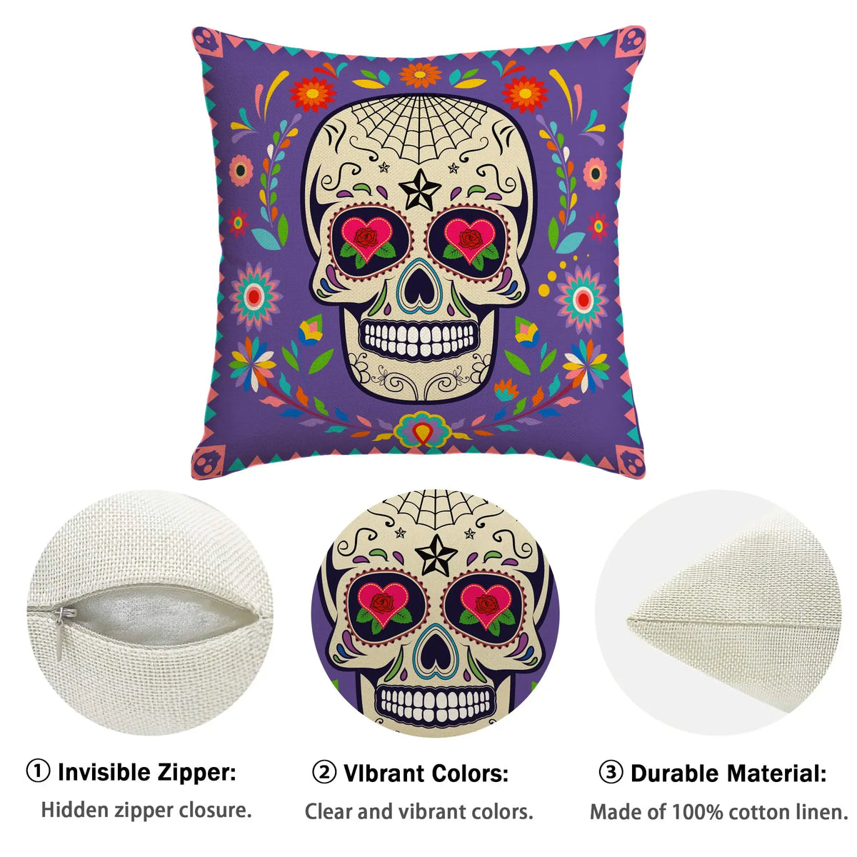 lot taies d'oreiller carrées crâne mexicain fleurs pop art violet bleu rose