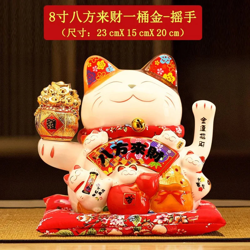 statue chat porte bonheur fleurs chinoises blanc rouge or artisanal décoration